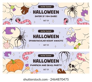 A set of modern and abstract banners for Halloween. Spooky Halloween night. Light up and celebrate Halloween night. Clouds, bats, candies, spiders, worms, graves, skulls, pumpkins