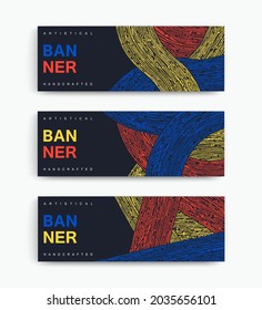 Set of modern abstract banners. Handmade broad strokes from a dry hard brush. Horizontal templates. Vector design
