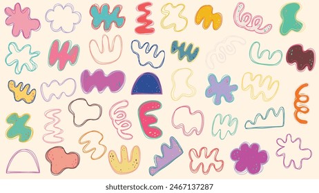 Set of modern abstract blobs in outlines and filled with colors. Hand drawn vector illustrations.