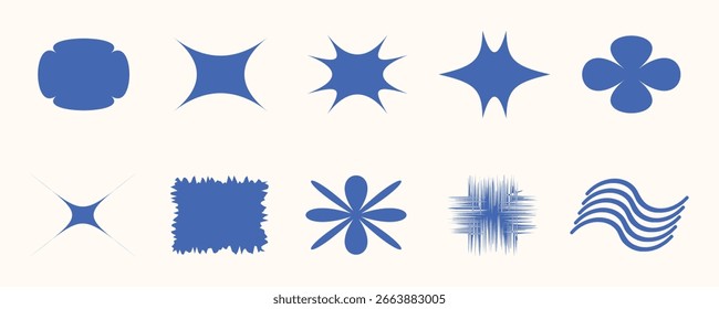Set of modern abstract blue vector shapes and geometric figures in Y2K style. Trendy design elements for banner, poster, background, social media, web, and digital illustration