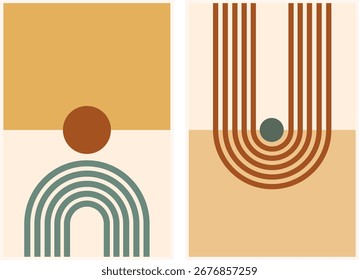 Set von modernen abstrakten Boho Formen für Wandkunstdekoration. Boho Vektorgrafik im Minimalstil für Poster, T-Shirt-Print, Cover, Banner.