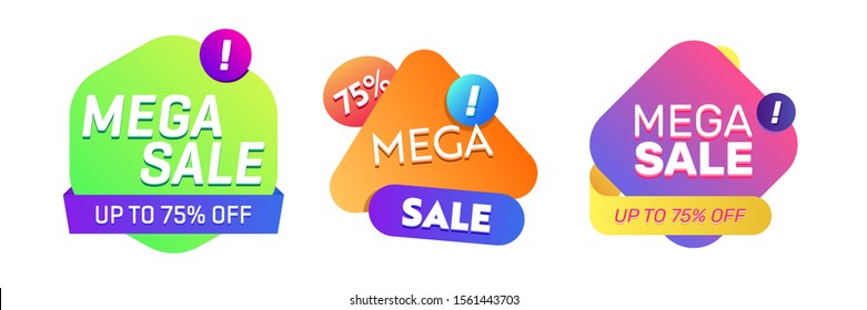 Set of modern abstract bright elements. Mega Sale text, colorful shapes, dynamical colored forms. Trendy design for advertising banners, retail posters, flyers, labels