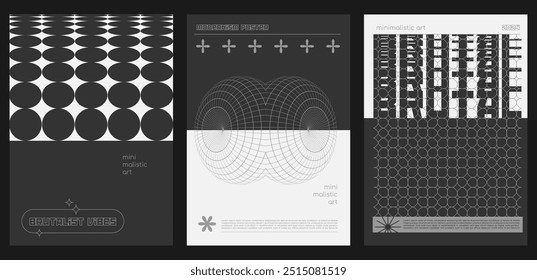 Conjunto de cartazes brutalistas abstratos modernos. Elementos de design futurista retrô, grade de perspectiva, círculos 3d. Cartazes silhueta minimalista figuras básicas. Design de vetor monocromático minimalista