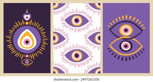 Set of modern abstract cards esoteric eye, All-seeing eye Magic, occult symbol sign, sacred art Design template decoration for cover, poster, packaging, stickers, banner