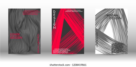 Set of modern abstract covers. 3D distorted lines for brochure, sound poster. Trendy geometric patterns. EPS10 Vector Design.
