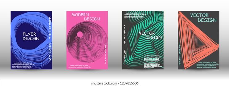 Set of modern abstract covers. 3D distorted lines for brochure, sound poster. Trendy geometric patterns. EPS10 Vector Design.
