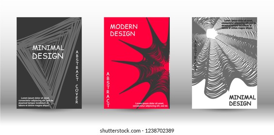 Set of modern abstract covers. 3D distorted lines for brochure, sound poster. Trendy geometric patterns. EPS10 Vector Design.