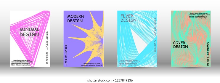 Set of modern abstract covers. 3D distorted lines for brochure, sound poster. Trendy geometric patterns. EPS10 Vector Design.