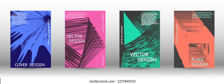 Set of modern abstract covers. 3D distorted lines for brochure, sound poster. Trendy geometric patterns. EPS10 Vector Design.