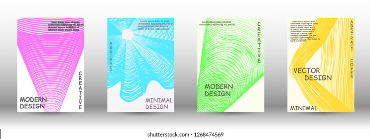 Set of modern abstract covers. 3D distorted lines for brochure, sound poster. Trendy geometric patterns. EPS10 Vector Design.