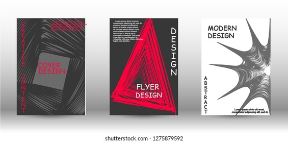 Set of modern abstract covers. 3D distorted lines for brochure, sound poster. Trendy geometric patterns. EPS10 Vector Design.