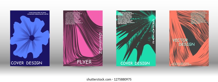 Set of modern abstract covers. 3D distorted lines for brochure, sound poster. Trendy geometric patterns. EPS10 Vector Design.