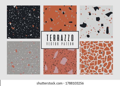 Set of modern abstract design template with terrazzo texture. Vector illustration with grey, orange colors