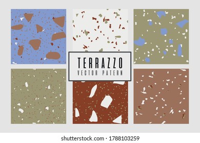 Set of modern abstract design template with terrazzo texture. Vector illustration with blue, brown, green colors