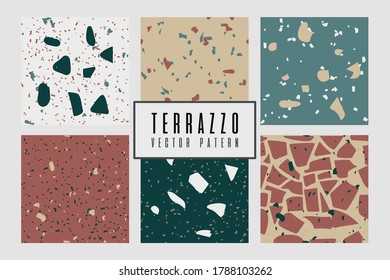 Set of modern abstract design template with terrazzo texture. Vector illustration with blue, beige,  deep pink colors