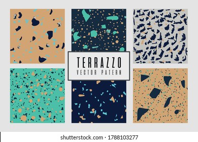 Set of modern abstract design template with terrazzo texture. Vector illustration with beige, bluecolors
