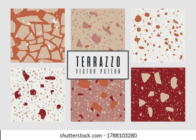 Set of modern abstract design template with terrazzo texture. Vector illustration with brick red, pink, beige, white colors