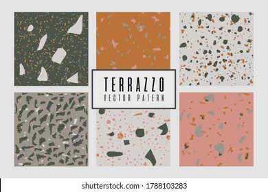 Set of modern abstract design template with terrazzo texture. Vector illustration with grey, rose colors