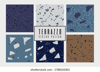 Set of modern abstract design template with terrazzo texture. Vector illustration with blue colors