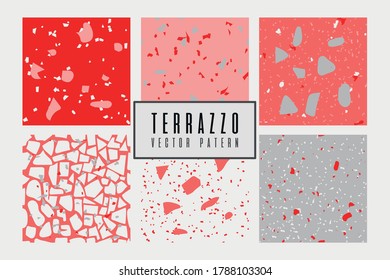 Set von modernen abstrakten Design-Vorlage mit Terrazzo-Textur. Vektorgrafik mit rosafarbenen, grauen Farben