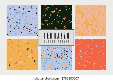 Conjunto de plantillas de diseño abstracto moderno con textura de terrazo. Ilustración vectorial con colores azul claro, amarillo, salmón, verde oscuro