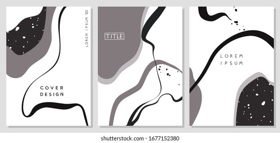 Set of modern abstract design templates in black and white colors. Cover page design template with freehand brush lines, abstract shapes and splashes. Vector illustration.