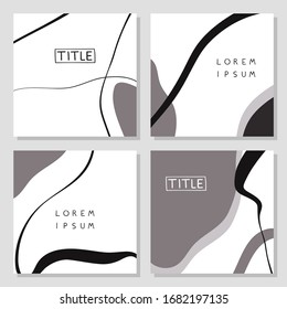 Set of modern abstract design templates in black and white colors. Card template with freehand brush lines and abstract shapes. Stylish banner for social media post. Vector illustration.
