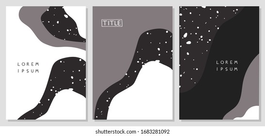 Conjunto de modernas plantillas de diseño abstracto en colores monocromos. Plantilla de diseño de portada con formas onduladas abstractas y salpicaduras. Ilustración vectorial.