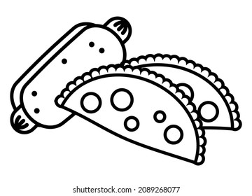 Set of modern abstract drawings of fast food from black lines on a white background. Hot dog, cheburek, tacos. Fashion vector illustration
