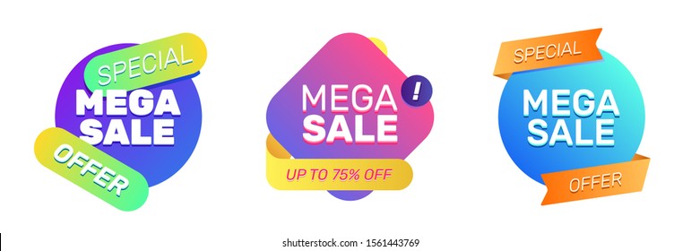 Set of modern abstract elements. Mega Sale text, bright colorful shapes dynamical colored forms. Trendy design for advertising banners, retail posters, flyers, labels