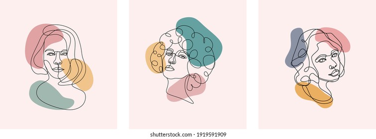 Set of Modern abstract faces. Contemporary outline silhouettes. Colored spots. Hand drawn outline trendy vector illustrations. Continuous line, minimalistic concept. Pastel colors