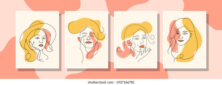 Set of modern abstract faces. Contemporary female silhouettes with surreal face style. Trendy portraits poster collection