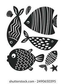 Set of modern and abstract fish and seafood. Fun and juicy vector illustration