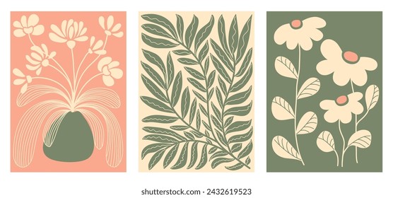 A set of modern abstract floral posters. Nerdy naive groovy funky wall paintings. Vector flat illustration for interior, paintings, postcards, covers, tee print, wallpaper, hippie-style flower show.