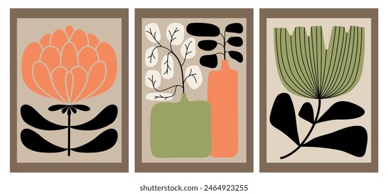 A set of modern abstract floral posters. Nerdy naive groovy funky wall paintings. Vector flat illustration for interior, paintings, postcards, covers, tee print, wallpaper, hippie-style flower show.