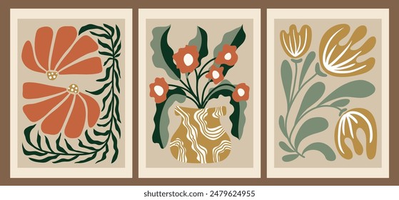 A set of modern abstract floral posters. Nerdy naive groovy funky wall paintings. Vector flat illustration for interior, paintings, postcards, covers, tee print, wallpaper, hippie-style flower show.