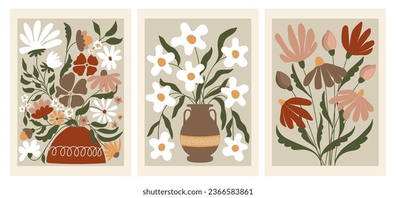 Un conjunto de afiches de flores abstractas modernos. Cuadros de pared de tonterías naive groovy humeantes. Ilustración plana vectorial colorida para el interior, pinturas, postales, cubiertas, tapicería, flor en estilo hippie.