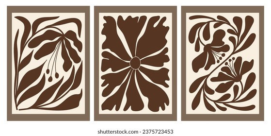 Eine Reihe von modernen abstrakten Blumenplakaten. Nerdy naive, groovy funky Wandgemälde. Farbige Vektorflachgrafik für das Innere, Gemälde, Postkarten, Cover, T-Print, Tapete, Blumenschau.