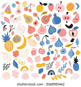 A set modern abstract fruits, berries, leaves, flowers and various shapes. Simple fruit and berry shapes, geometric collage elements. Modern collection Organic graphic shapes. Vector design elements.