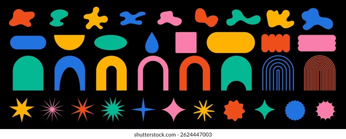 Set of modern abstract geometric shapes in vibrant colors on black background. Perfect for branding, web design, social media graphics, and trendy layouts. Vector EPS 10