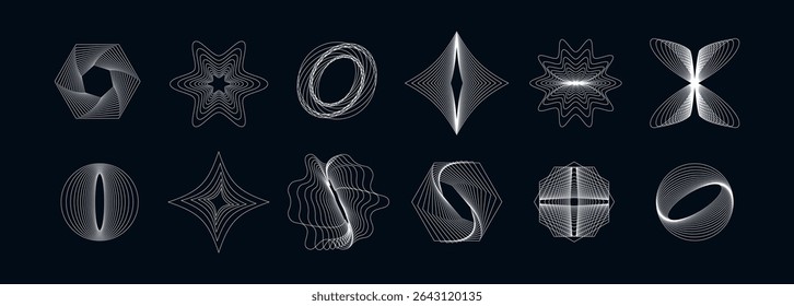 Conjunto de formas geométricas abstratas modernas. Modelos de wireframe futuristas com linhas fluidas e formas dinâmicas. Ideal para tecnologia, arte digital, interface do usuário e projetos gráficos contemporâneos.