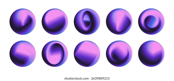 Set of modern abstract gradient spheres. Vibrant purple and blue liquid shapes with futuristic, holographic, and flowing textures. Perfect for contemporary designs, UI, posters, and digital art.