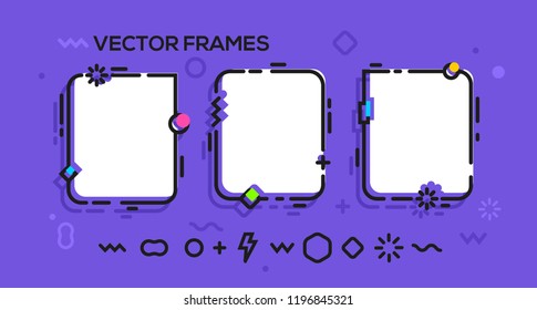 Set of modern abstract graphic elements. Line art colored forms and decoration. Template for the design invitation, photo frame, social media concept. Vector isolated cartoon shape