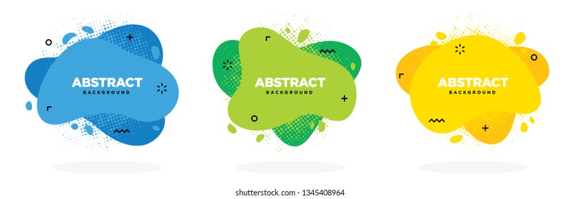 Set of modern abstract graphic elements. Flowing dynamic banners with halftone textures and flat bright colors. Isolated waves. Print and web ready. Vector. EPS10. CMYK.