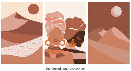 A set of modern abstract illustrations, landscapes. Mountains, dunes, desert, sun in a minimalist style. Portrait of a beautiful ethno-Afro female in a turban with ornaments. Vector graphics.