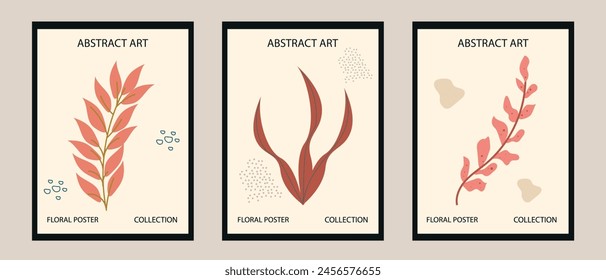 Set of modern abstract illustrations with organic shapes and leaves. Minimalist fashionable art designs suitable for banners, covers, modern wall decor.
