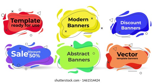 Set of modern abstract  Liquid color banners. Flat geometric shapes of different colors with black outline. Modern design isolated white background Can use for background on website or mobile apps. 