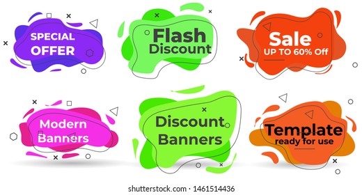 Set of modern abstract  Liquid color banners. Flat geometric shapes of different colors with black outline. Modern design isolated white background Can use for background on website or mobile apps. 
