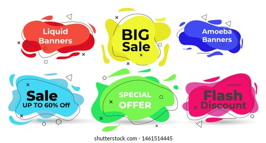 Set of modern abstract  Liquid color banners. Flat geometric shapes of different colors with black outline. Modern design isolated white background Can use for background on website or mobile apps. 