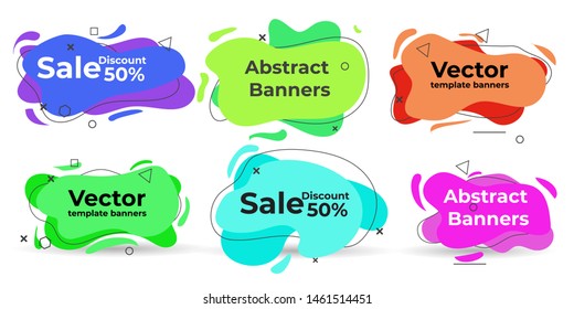Set of modern abstract  Liquid color banners. Flat geometric shapes of different colors with black outline. Modern design isolated white background Can use for background on website or mobile apps. 